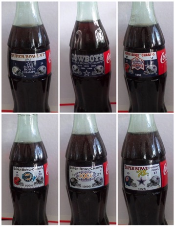 € 30,00 coca cola 6 flessen superbowl nrs 1996/2434 diverse kleuren helmen.